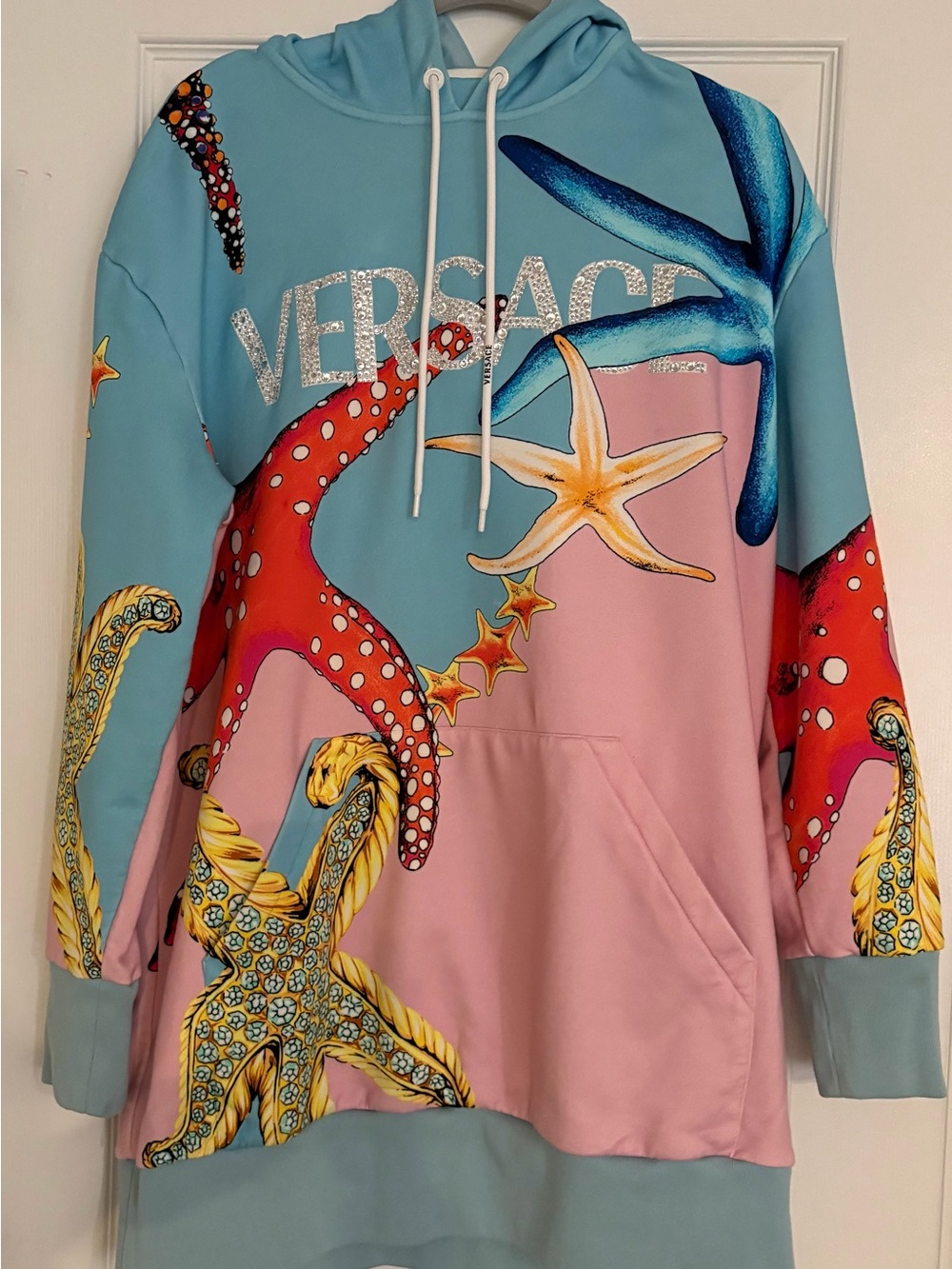 Versace Sea Life  Hoodie Rhinestone Logo Letters Blue Pink Size IT 48 U 14